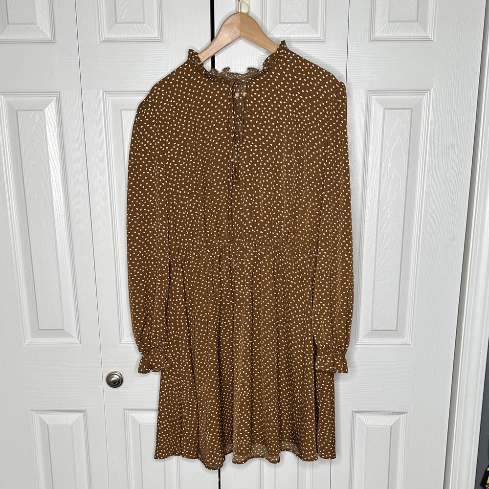 Shein Golden Brown with White Polka Dots Dress Feminine Tie Neck NWOT Women 1XL